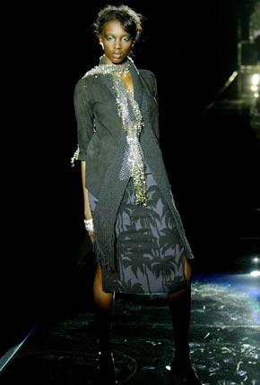 Black suede cardi-jacket with knit trim, black/grey palm boucl straight skirt and net sequin scarf 