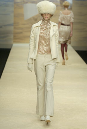 White wool short belted jacket, lipstick chiffon puff sleeve shirt and white wool/ cotton oxford pant