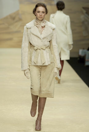 Cream rabbit fur/ suede contrast belted jacket, lipstick chiffon top and fawn suede button front culotte