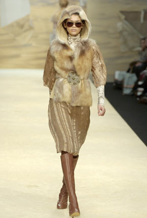 Brown mosaic princess line dress, chocolate crocodile jersey turtleneck top and fawn toscana sheepskin hooded gilet