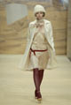 White wool long belted coat and lipstick chiffon front panel dress