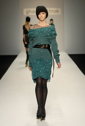 Emerald flower print georgette cowl neck dress, emerald wool knit cardigan and black nappa leather trench belt  
