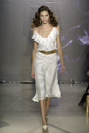 White jacquard silk front frill dress and gold buckle belt