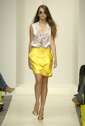 Lavender silk chiffon frill lace top and Bright yellow cotton tuck pleat skirt  