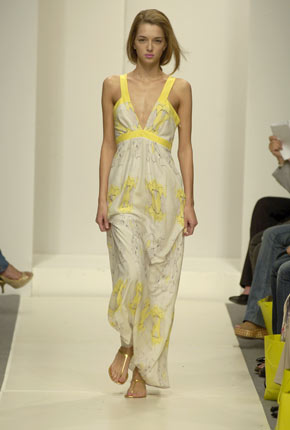 Lemon yellow silk girl print contrast long panel dress
