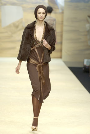 Chocolate crepe satin contrast dress and rabbit fur lapel jacket