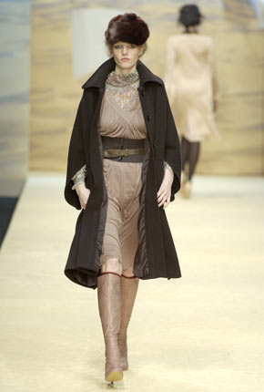 Black wool cape coat, coffee bean knit turtleneck top and mocha silk jersey tunic dress