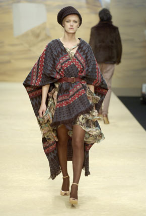 Hand painted lurex godet frill dress and printed knit cape
