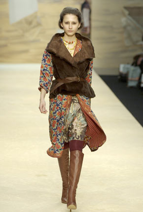 Chocolate rabbit fur collar stand gilet, floral cotton coat and hand painted lurex side fasten skirt