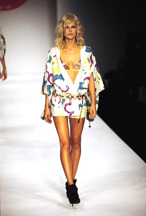 Cotton kimono print kimono jacket, animal print bikini and ring and bright fringed belt