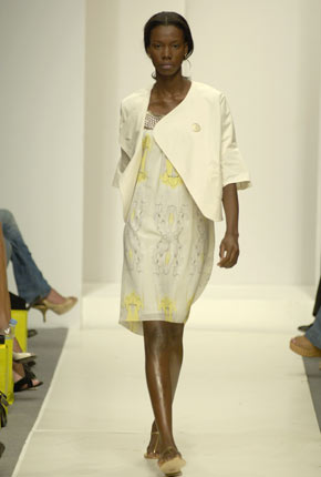 Cream cotton pocket detail jacket and Lemon yellow silk girl print metal neckline dress 