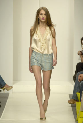 Cream silk chiffon frill lace top and Pale blue lurex rolled up shorts